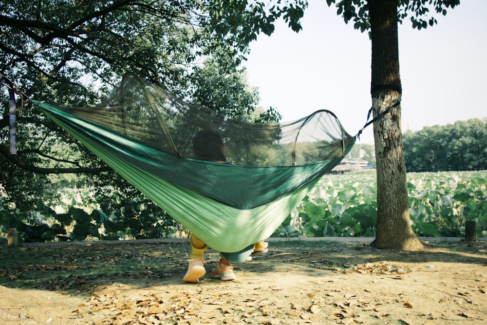 a person sitting in a hammock under a tree