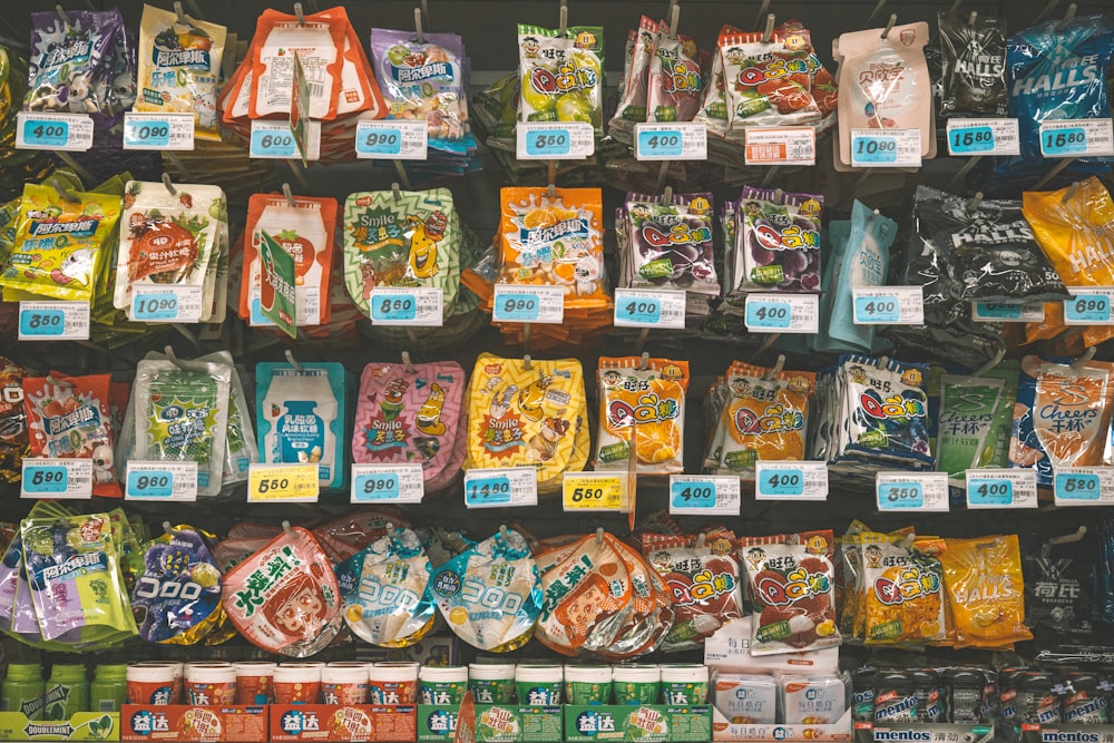 a display in a store filled with lots of snacks