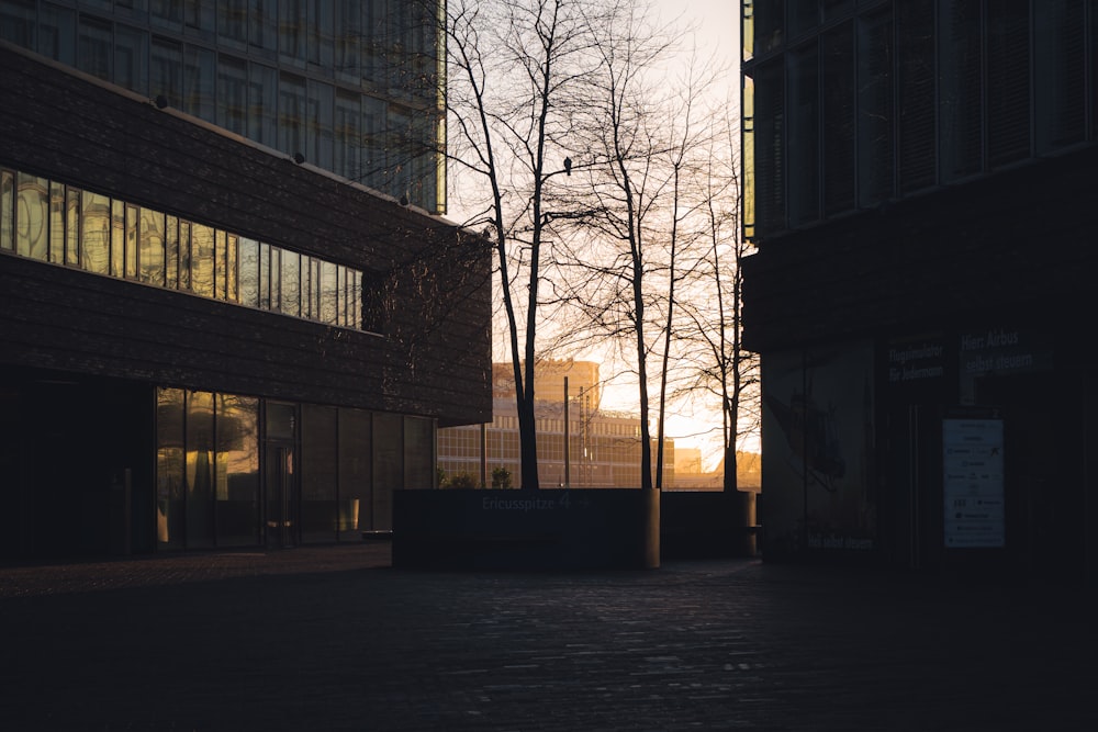 a city street with tall buildings in the background