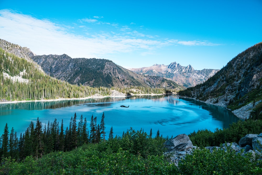 a blue lake surrounded by mountains and trees