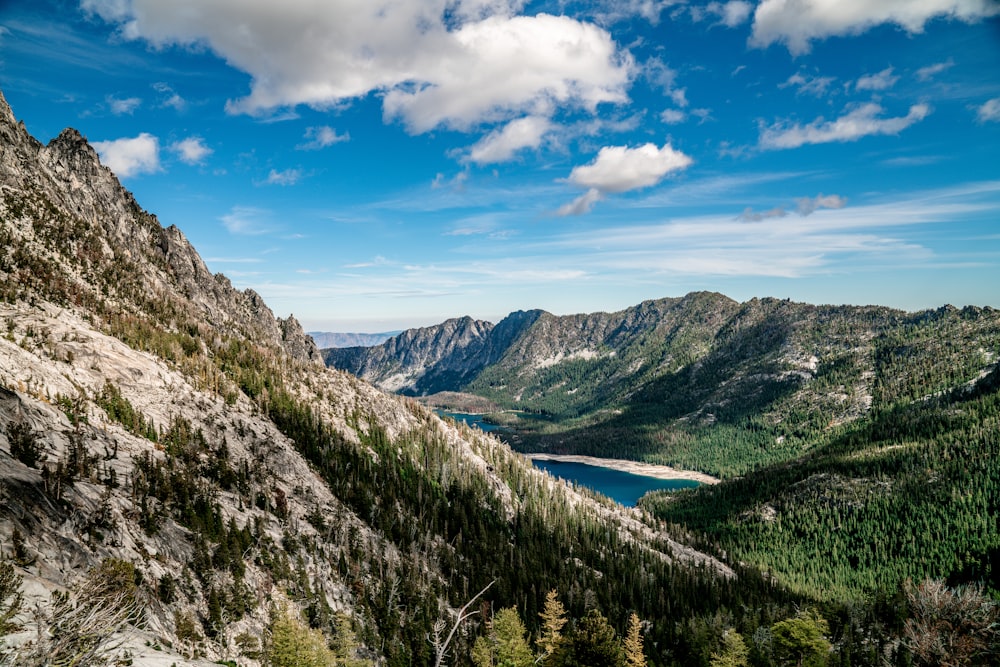 a scenic view of a mountain lake surrounded by trees