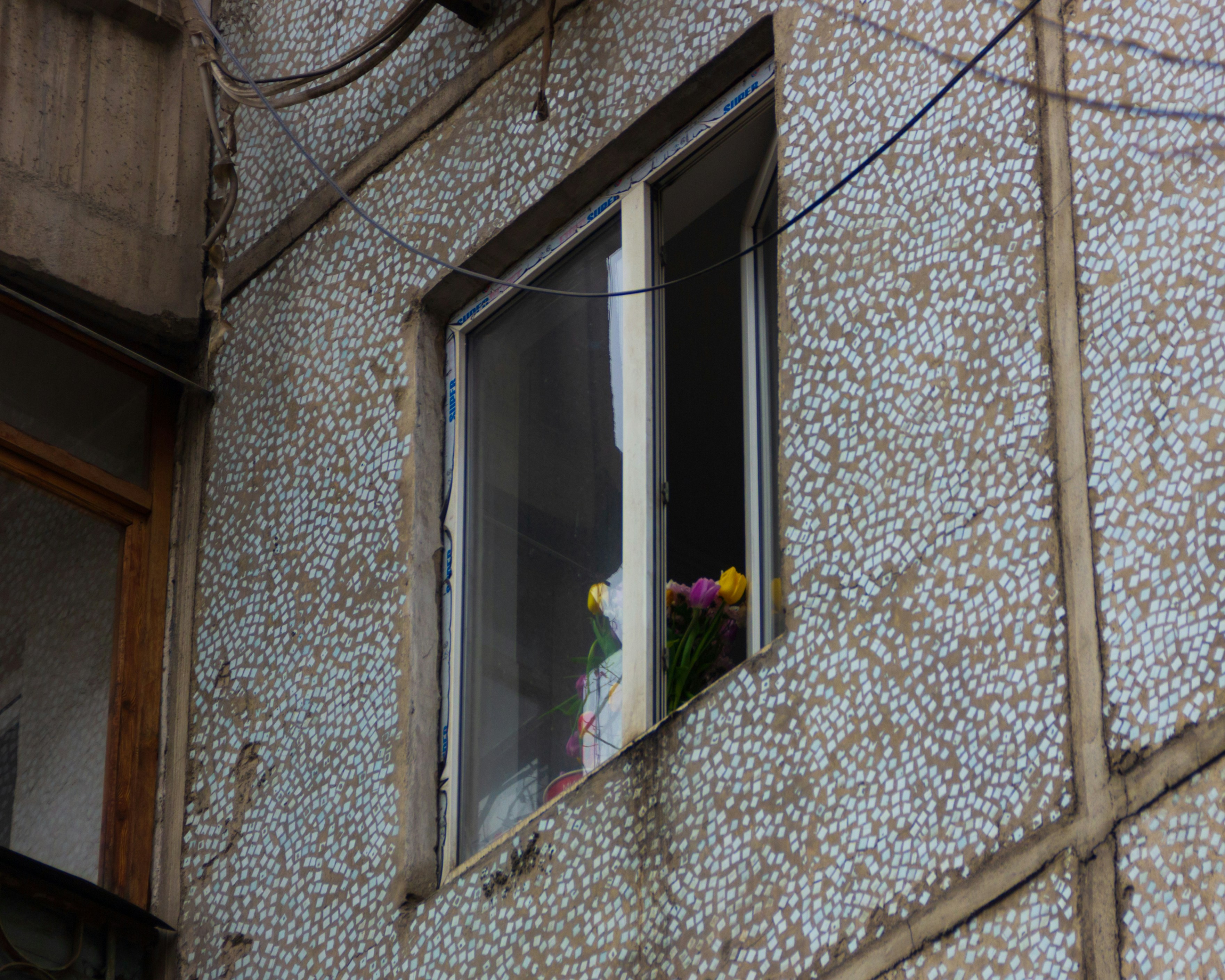 a window with flowers in a vase on the window sill