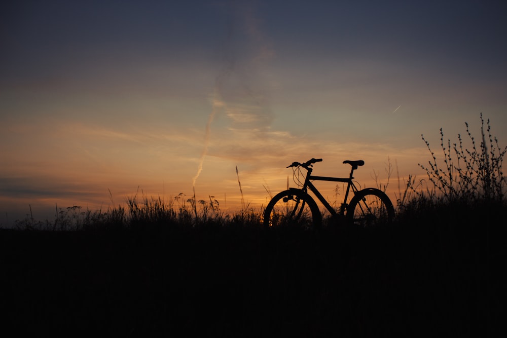 a bike is sitting in the grass at sunset