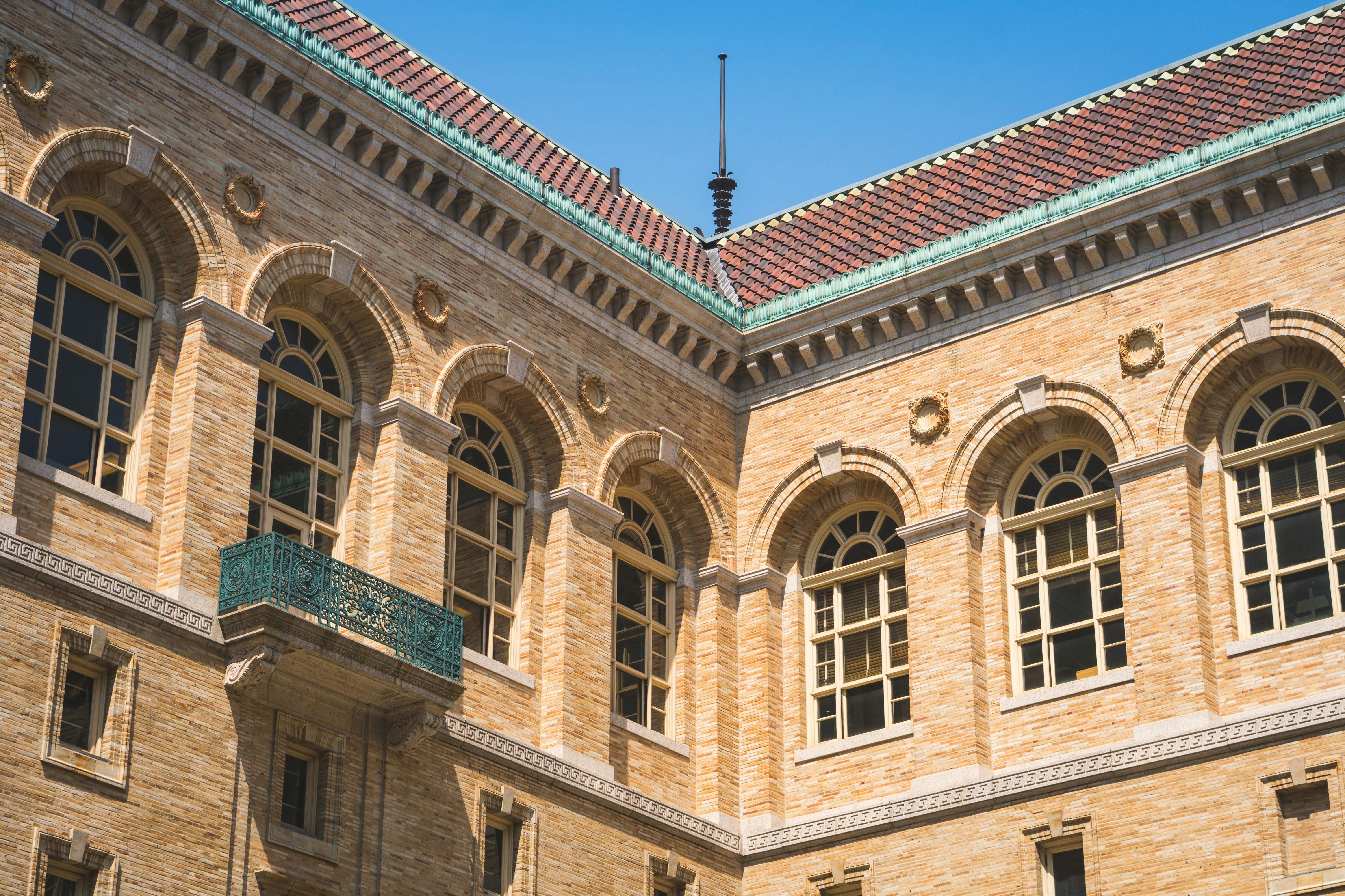 Exterior photos of a library in Boston. 