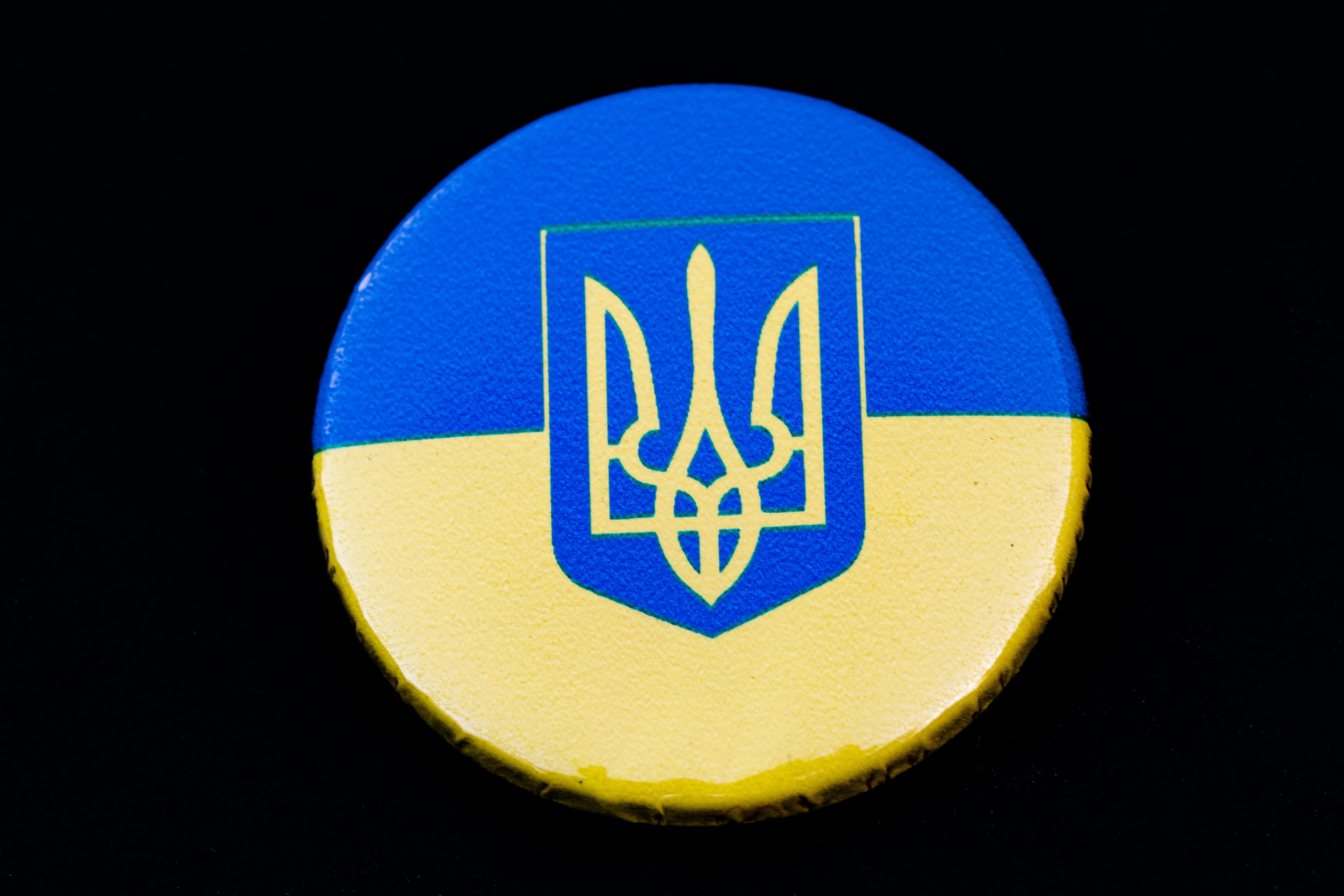 a blue and yellow button with a coat of arms on it