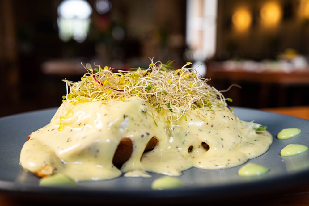 a plate of food on a table in a restaurant