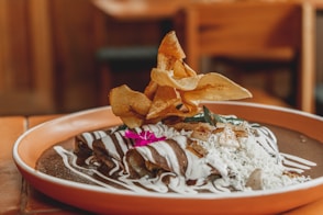 a plate of food on a wooden table