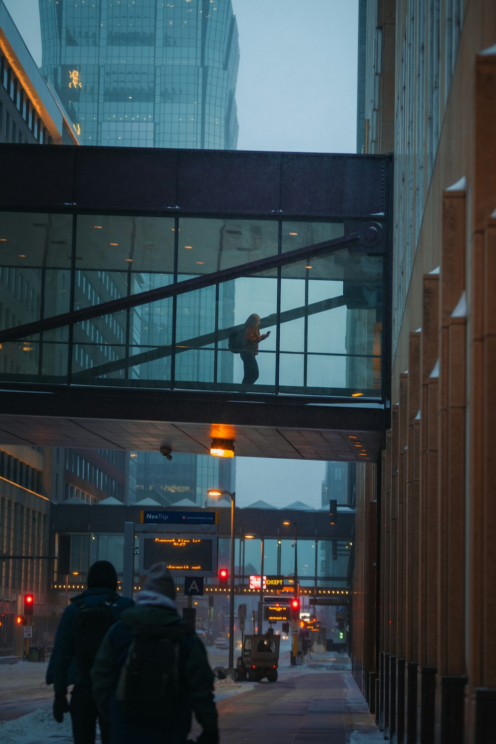 a couple of people walking across a bridge over a street