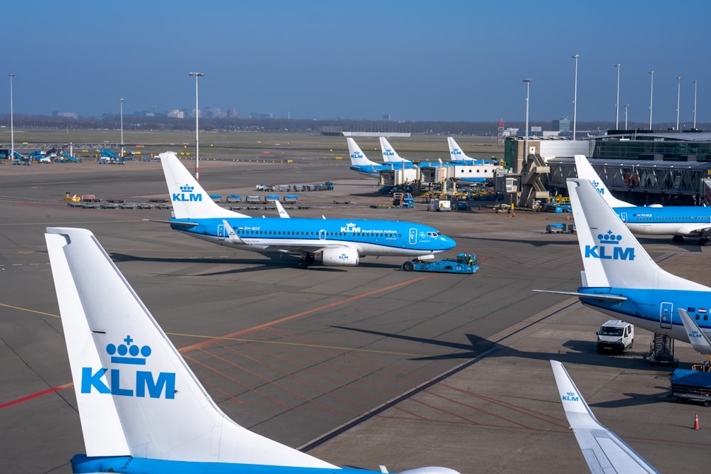 um grupo de aviões azuis e brancos sentados em cima de um alcatrão do aeroporto