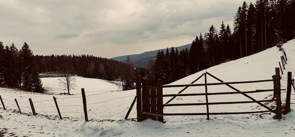 a snow covered field with a wooden fence