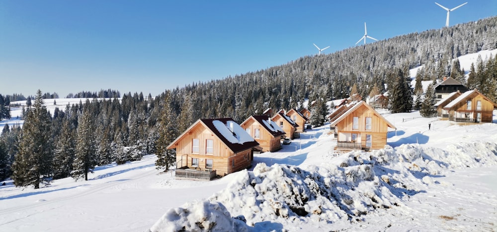 a row of wooden houses in the snow