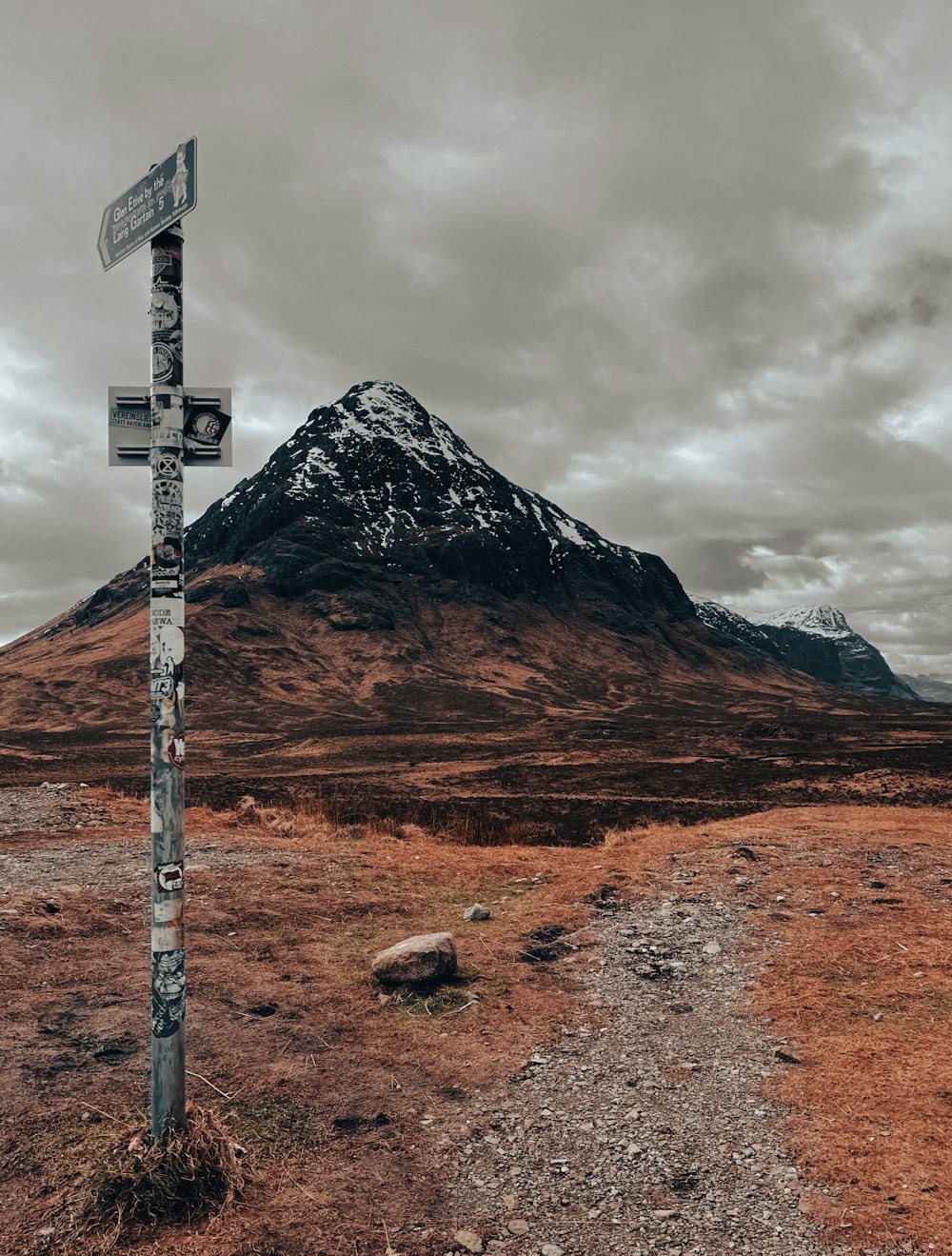 a sign post in a field with a mountain in the background