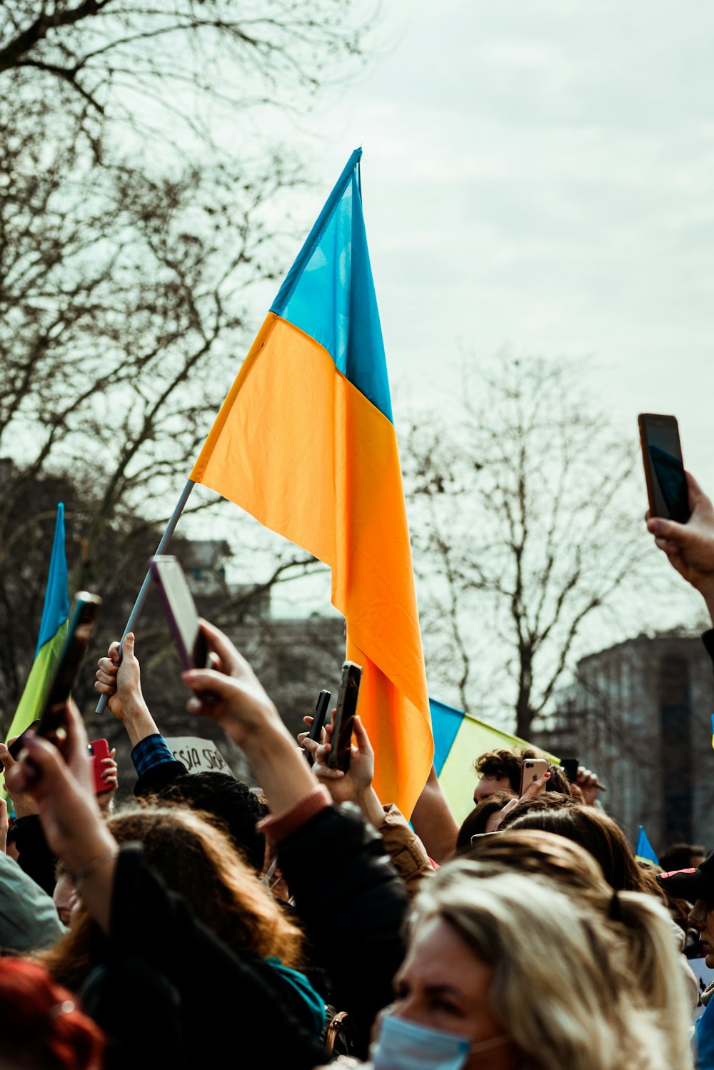 a crowd of people holding flags and cell phones