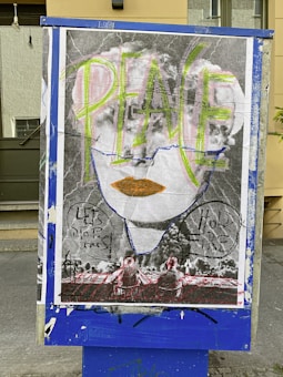 A large poster featuring a black and white image of a woman's face with bold, colorful graffiti overlay. The word 'PEACE' is written prominently in green and pink. Below, two figures sit on a bench with text bubbles saying 'LET'S STOP THIS!' and 'HOLD FIRE'. The poster is mounted on a blue and worn stand outdoors.