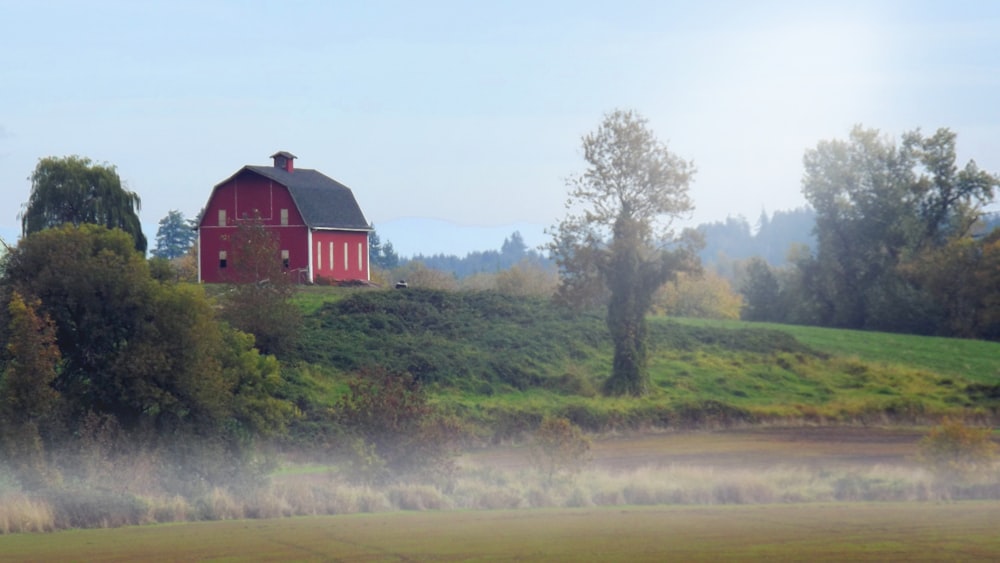 a red barn on a hill with trees and fog
