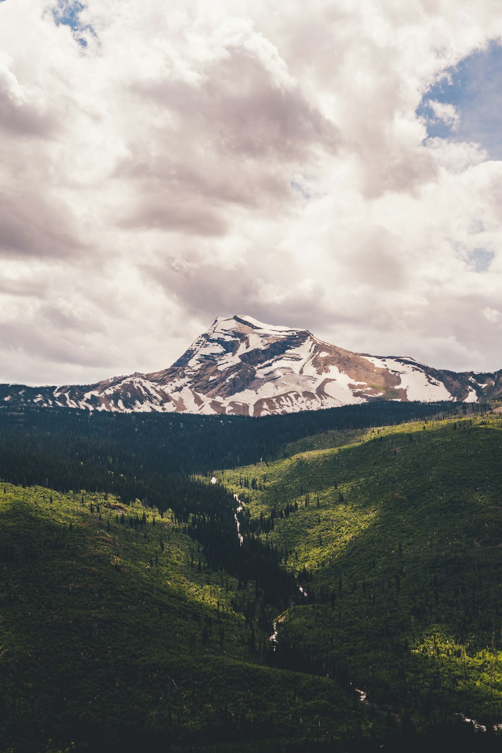 una vista di una montagna innevata in lontananza