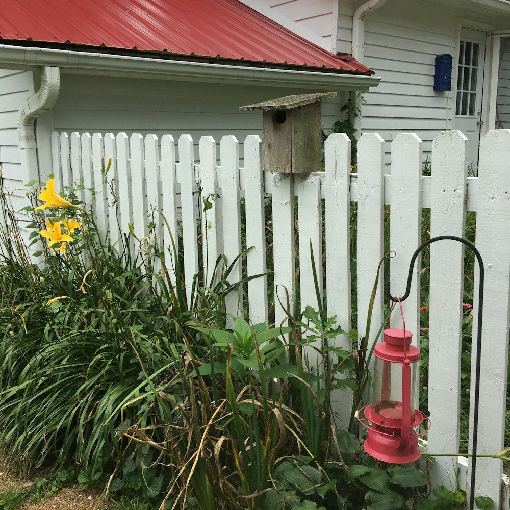 a white picket fence next to a red fire hydrant