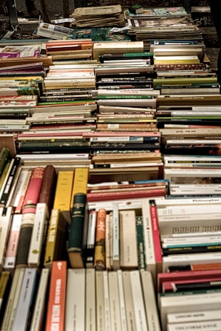 Close-up of a neatly arranged collection of secondhand books available in the store.