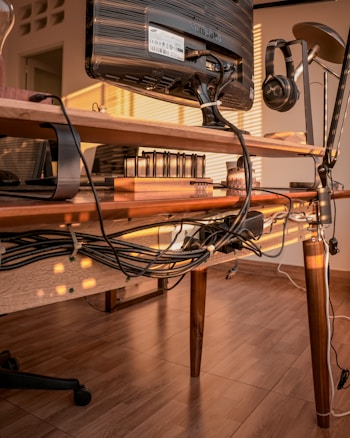 A home office setup features a computer monitor on a wooden desk. Underneath the desk, numerous cables are neatly organized and bundled together. On the desk are various office items including a set of notebooks, a desk lamp, and headphones hung on a stand. The room is warmly lit with natural sunlight streaming through window blinds, creating a pattern of light and shadow on the desk and floor.