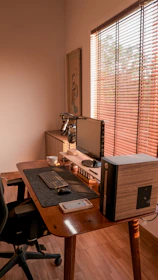 Calm and inviting home office setup with soft lighting and minimalist decor.