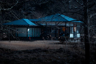 A traditional Japanese-style house with a dark exterior and blue roof is partially obscured by leafless trees, creating a serene and somewhat mysterious atmosphere. The house features sliding glass doors, and there appears to be a warm glow from an interior light. The surrounding landscape is sparse, with bare trees and dry grass, suggesting a late autumn or early winter setting.