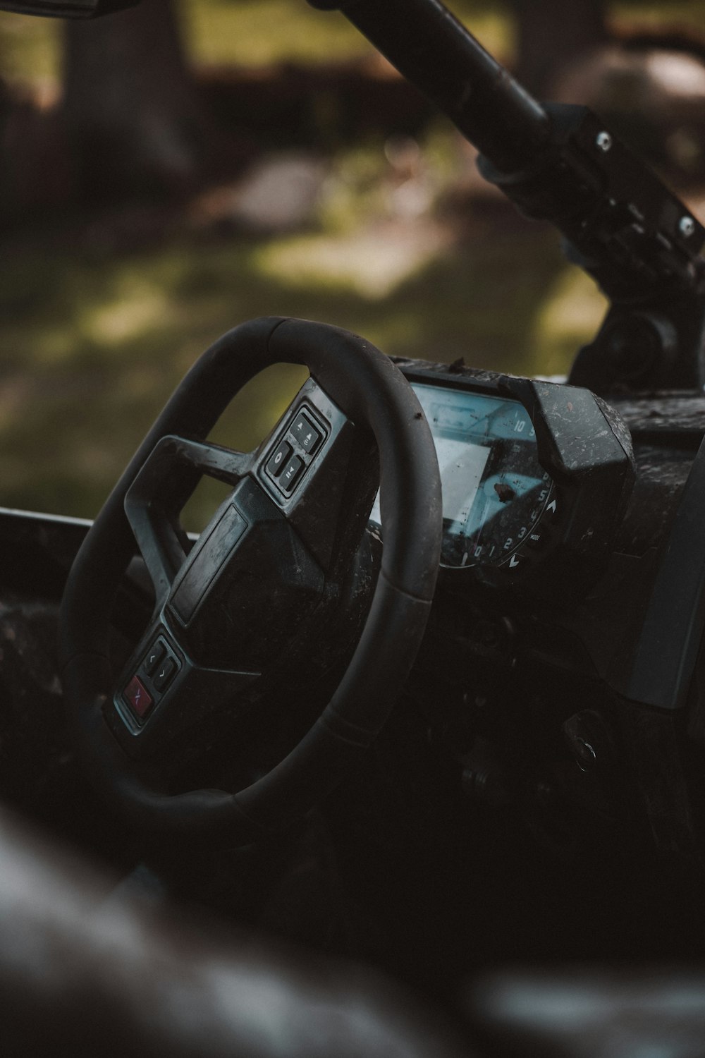 a steering wheel of a vehicle with a patch of grass in the background