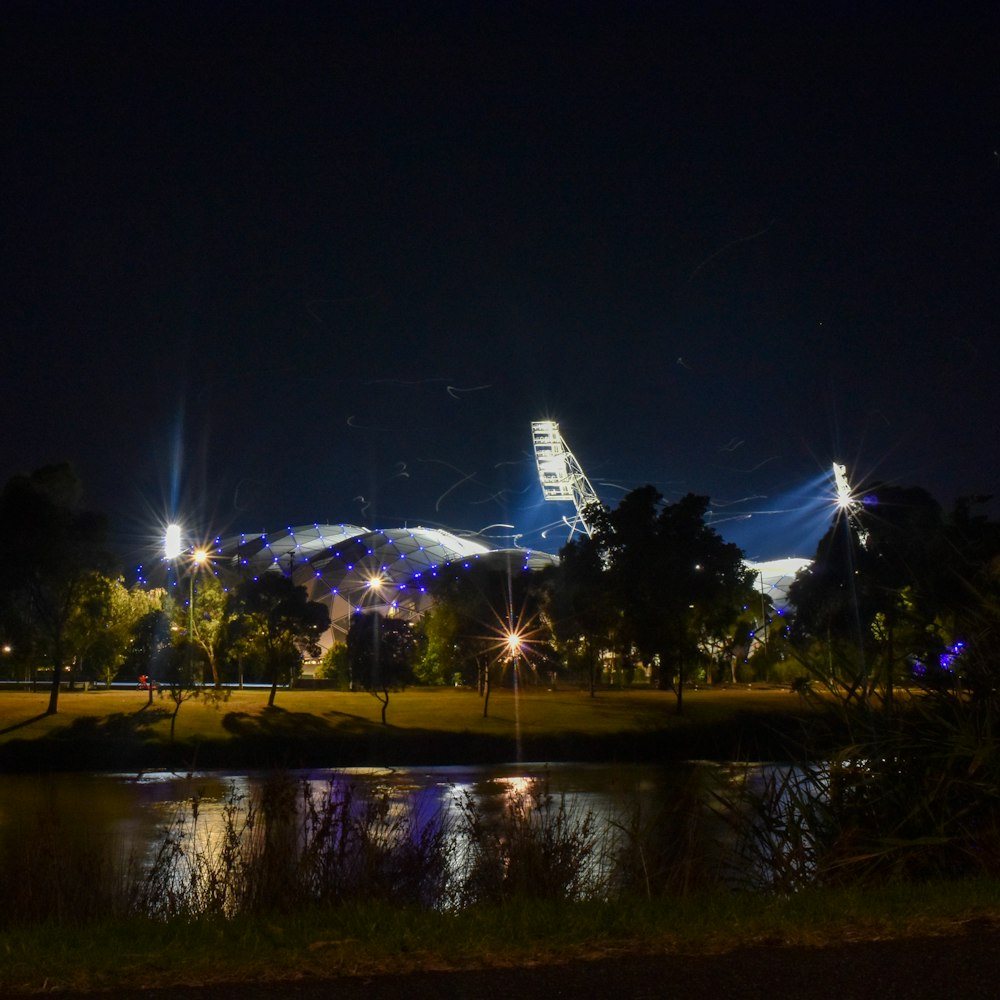 uma vista noturna de um parque com uma roda gigante ao fundo