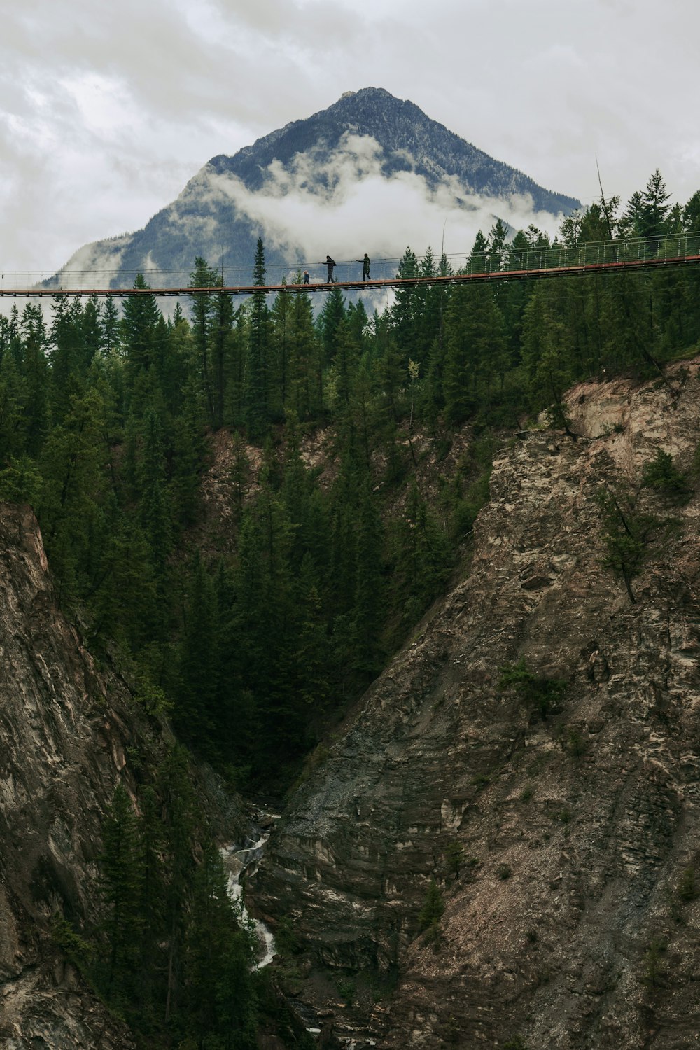 a group of people walking across a bridge over a river