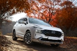 A white Hyundai Santa Fe Hybrid SUV is parked on a dirt path surrounded by lush autumn foliage. The vibrant red and orange leaves create a striking contrast with the vehicle's clean lines and modern design. The sun filters through the trees, casting dappled shadows on the ground.