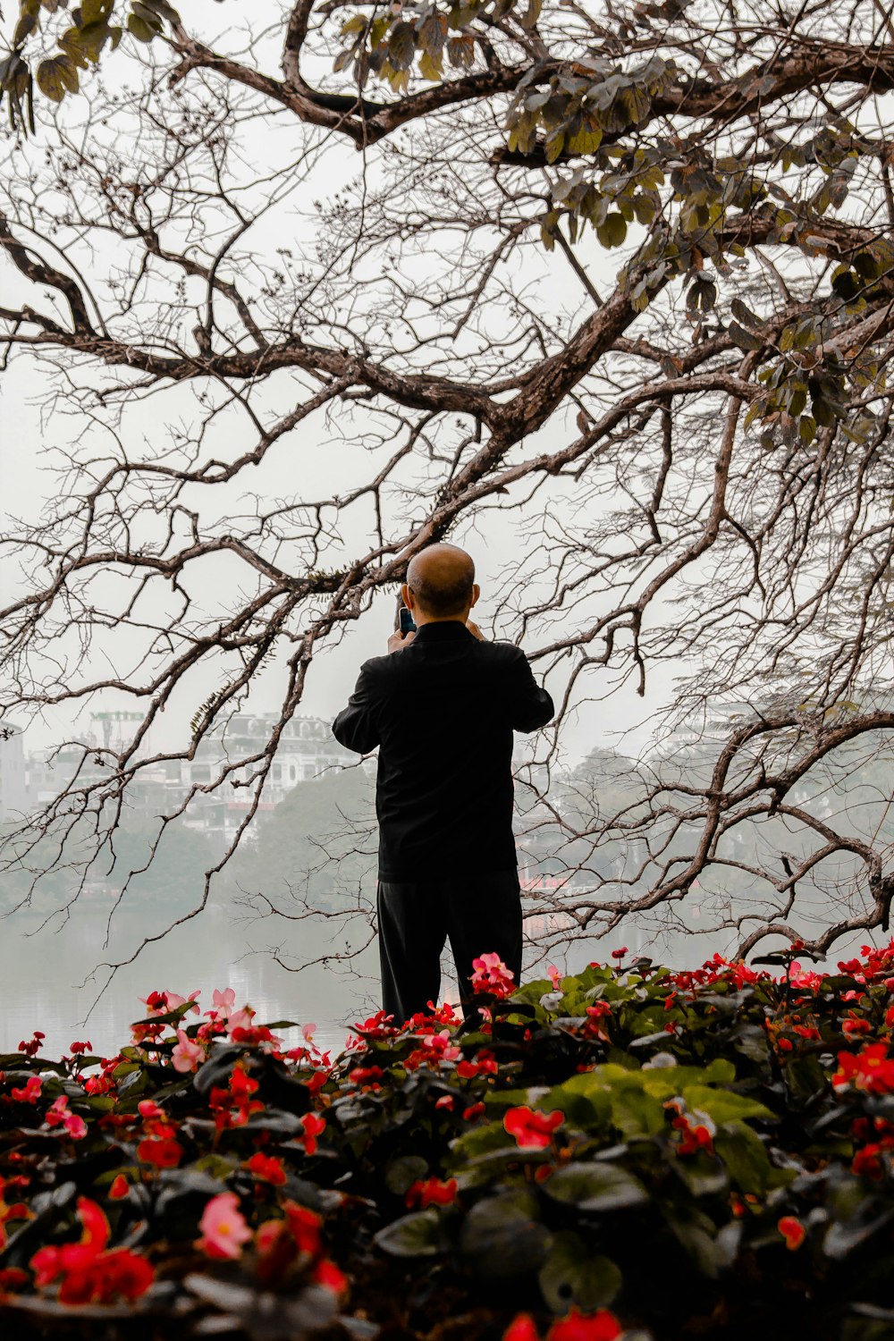 a man standing in front of a tree with red flowers