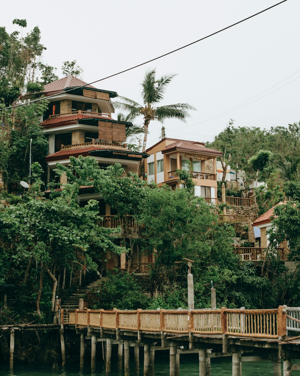 a house on the water with a dock in front of it