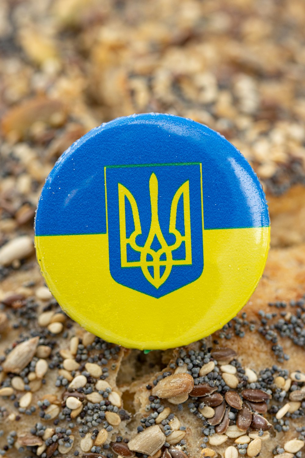 a blue and yellow button with a coat of arms on it