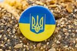 A circular button featuring the Ukrainian coat of arms, with a blue and yellow design, rests on a surface covered in various seeds including sesame and poppy seeds.