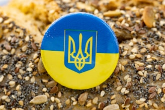 A circular button featuring the Ukrainian coat of arms, with a blue and yellow design, rests on a surface covered in various seeds including sesame and poppy seeds.