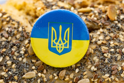 A circular button featuring the Ukrainian coat of arms, with a blue and yellow design, rests on a surface covered in various seeds including sesame and poppy seeds.