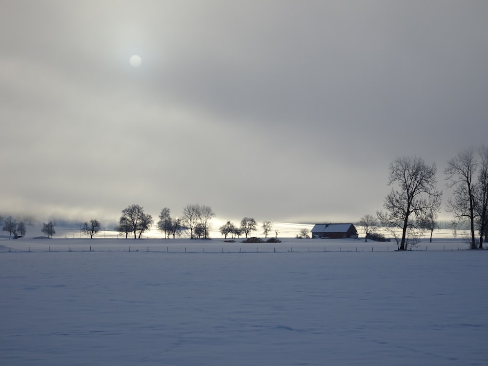 a snow covered field with a barn in the distance