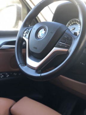 A close-up of a car's steering wheel featuring the BMW logo prominently in the center, surrounded by mounted control buttons. The interior displays leather upholstery with a mix of black and brown colors, hinting at a luxury car design. The blurred image in the background suggests the dashboard, possibly with a speedometer visible.