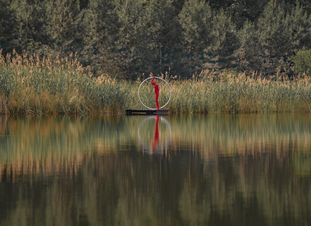 a red fire hydrant sitting in the middle of a lake
