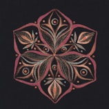 An intricate geometric pattern resembling a mandala or floral design. It features symmetrical, overlapping shapes with petal-like and eye-shaped elements. The design is composed of layered lines and dots, creating a sense of depth and movement.