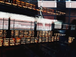 A modern library interior with multiple rows of books arranged on illuminated shelves. The structure features a large open space with a blend of dark and warm colors, highlighting the contrast between the wooden shelves and metallic elements.