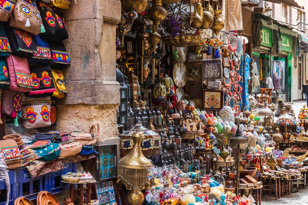 a market with lots of colorful items on display