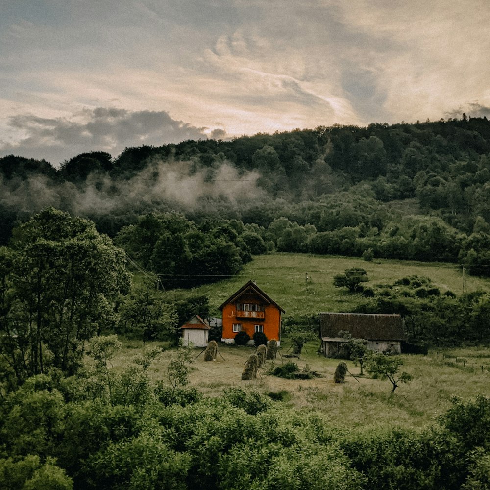 a red house in the middle of a lush green field