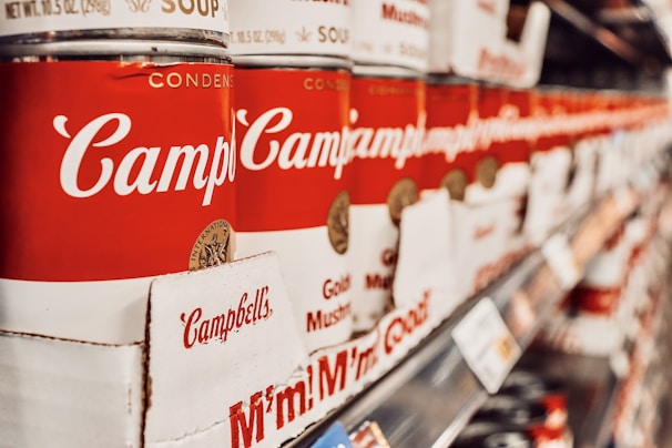 Rows of canned goods and condiments organized in a tidy grocery aisle.