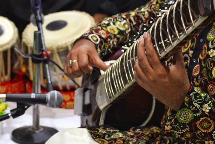 Musician playing sitar beside tabla at a concert
