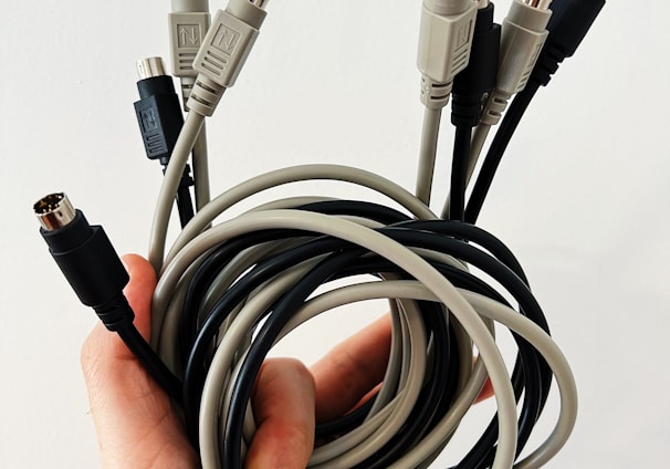 a hand holding a black and white cable