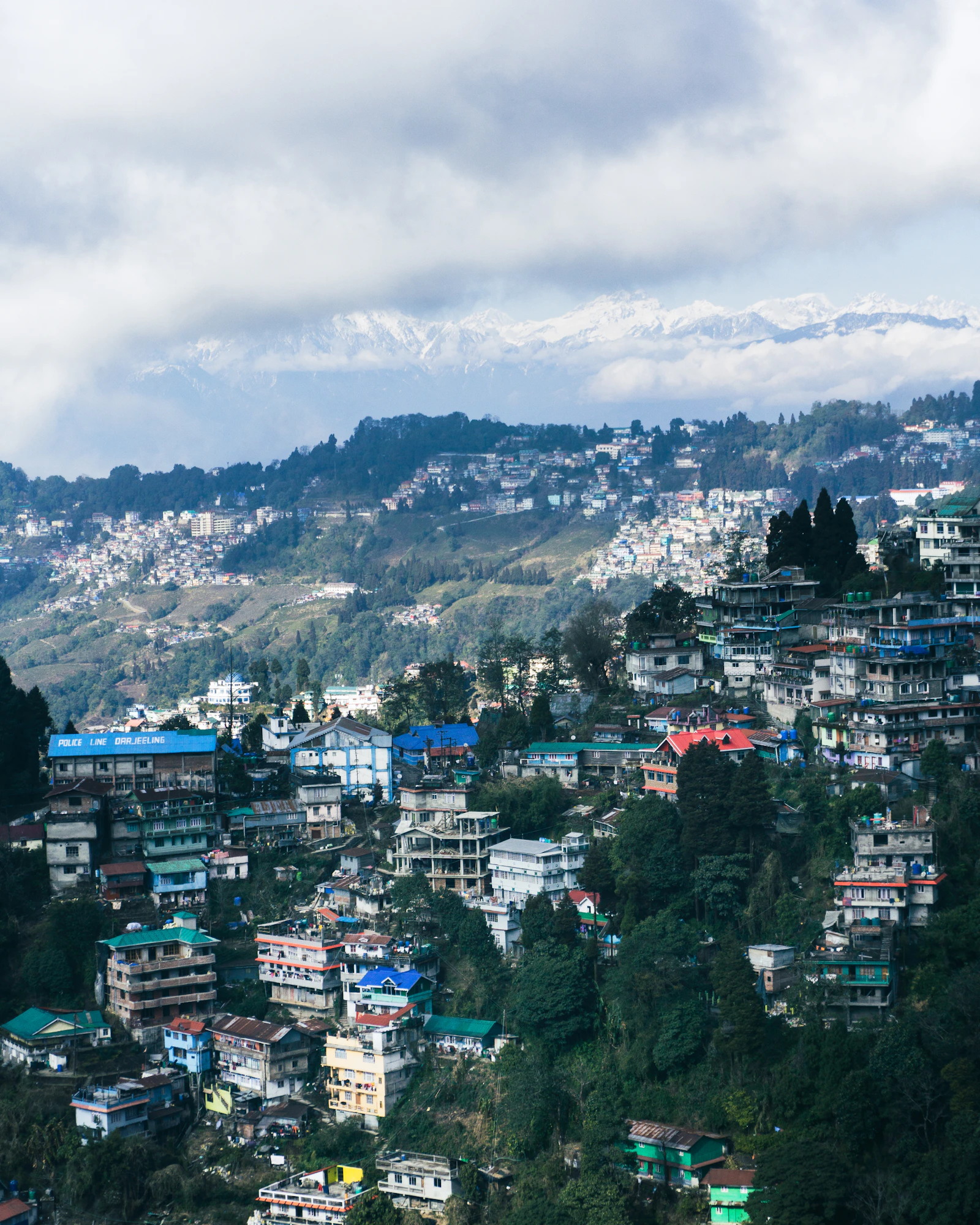 Darjeeling's houses stacked along its ridge above tea slopes, snow peaks rising through cloud beyond