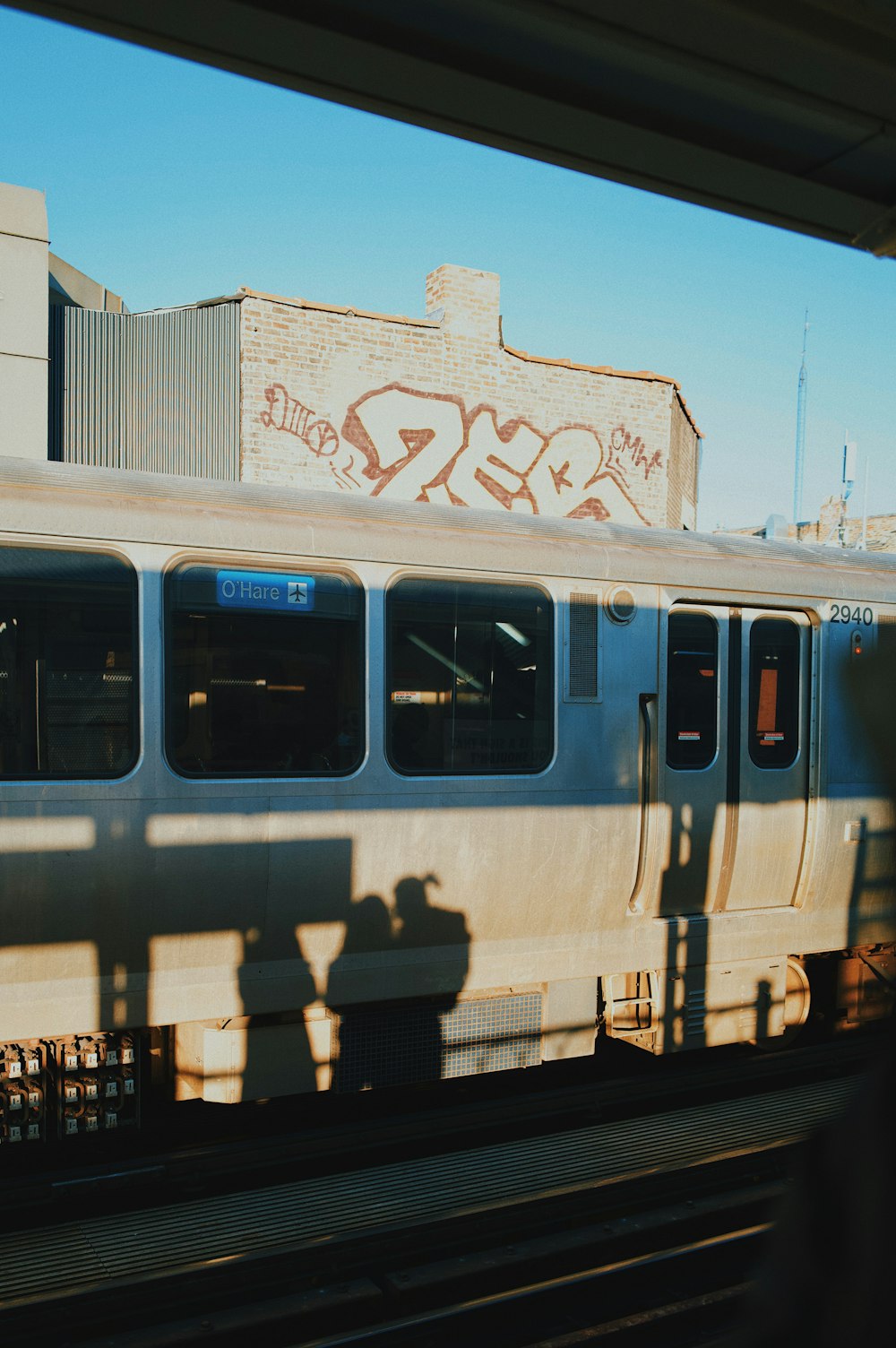 a train with graffiti on the side of it