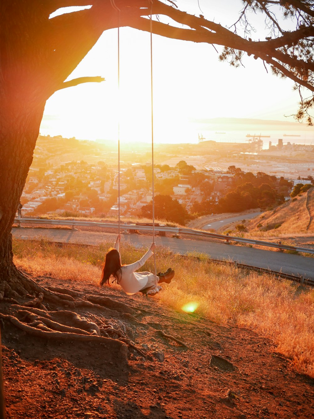 a woman sitting on a swing next to a tree