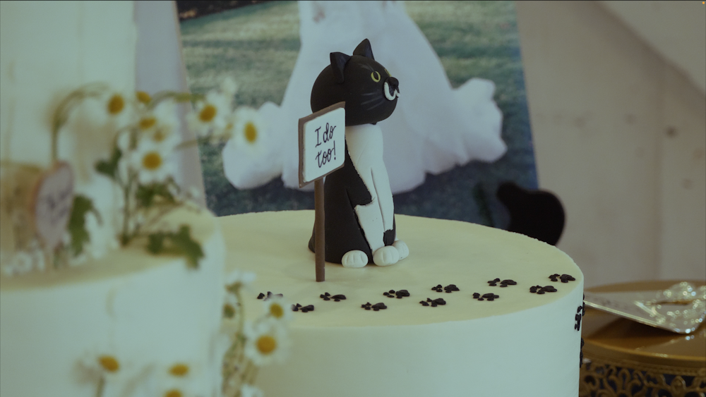 Una figurina di gatto bianco e nero seduta sopra una torta