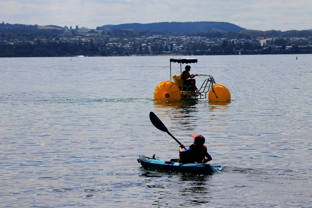 a couple of people in a kayak on a lake